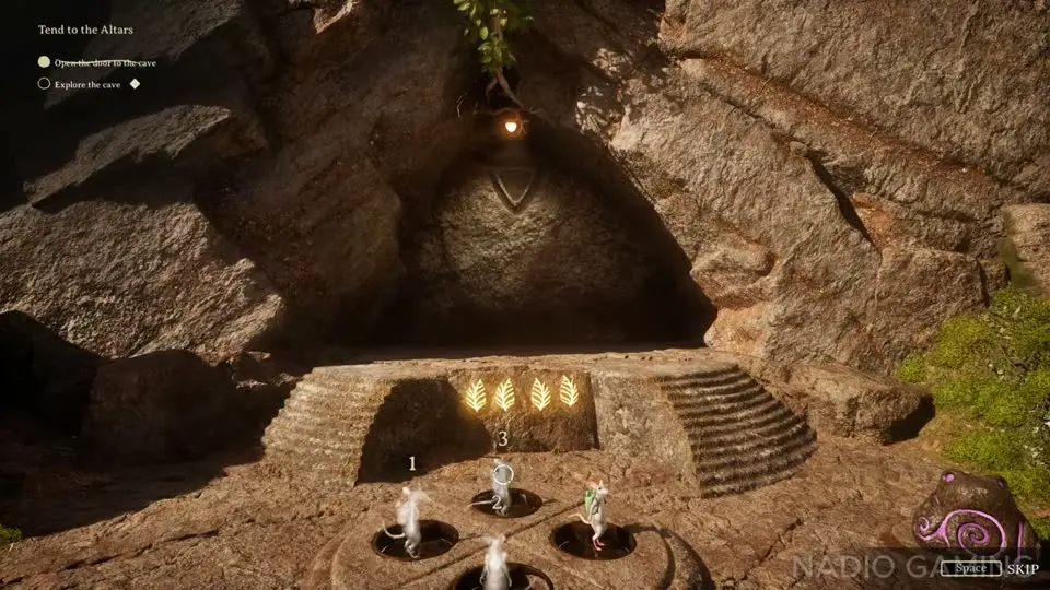 Three Shades and the mouse standing on the four plates in front of the cave door