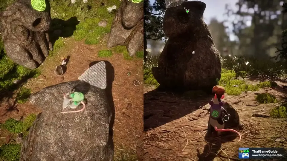 A mouse next to stone statues and cone-shaped stones in the Party time! ritual