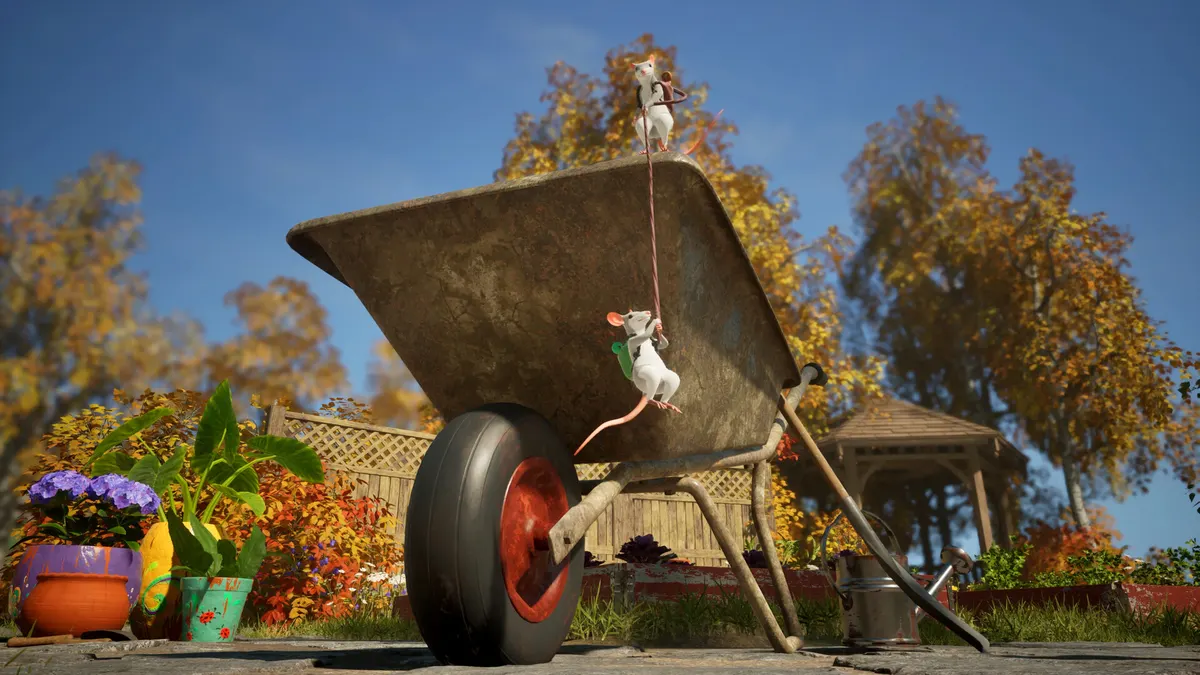 A mouse climbing a rope up a wheelbarrow in the garden